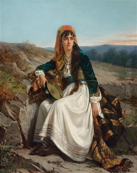 Madchen In Festlicher Tracht Mit Tamburin Oil Painting by Jan Portielje