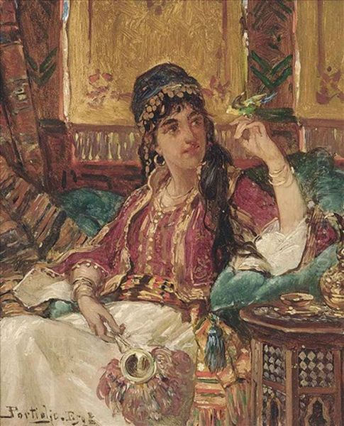 A Harem Beauty With A Songbird Oil Painting by Jan Portielje