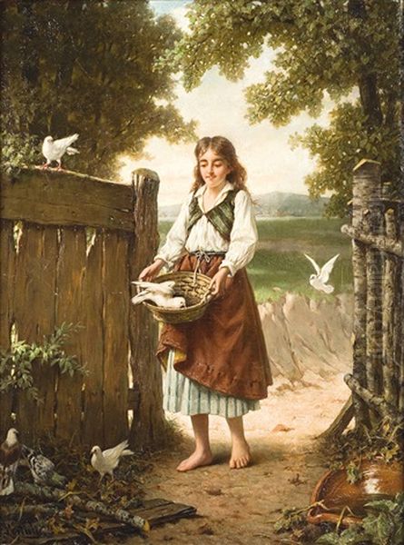 Jeune Fille Aupres Des Pigeons D'ornements Oil Painting by Jan Portielje