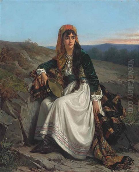 Gipsy Girl With Tambourine Oil Painting by Jan Portielje