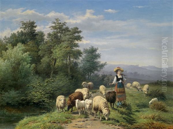 Hirtin Und Herde In Einer Weiten Landschaft Oil Painting by Jan Portielje