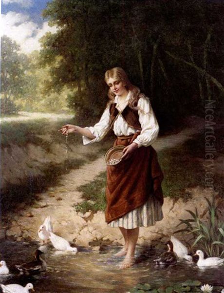 Feeding Her Pets Oil Painting by Jan Portielje