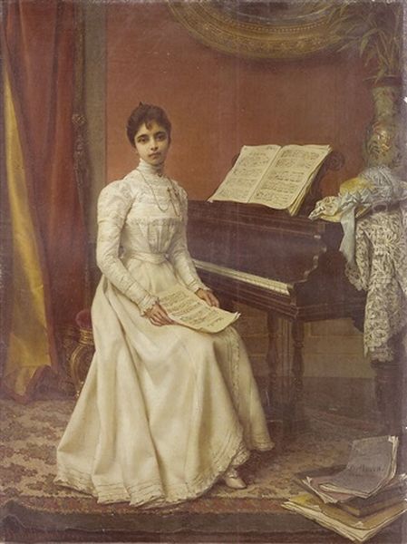 Interior Scene Of A Young Lady Wearing A White Dress Seated At A Piano Forte Oil Painting by Jan Portielje