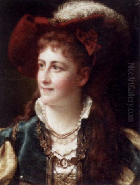 Portrait Of A Lady Wearing A Plumed Hat Oil Painting by Jan Portielje