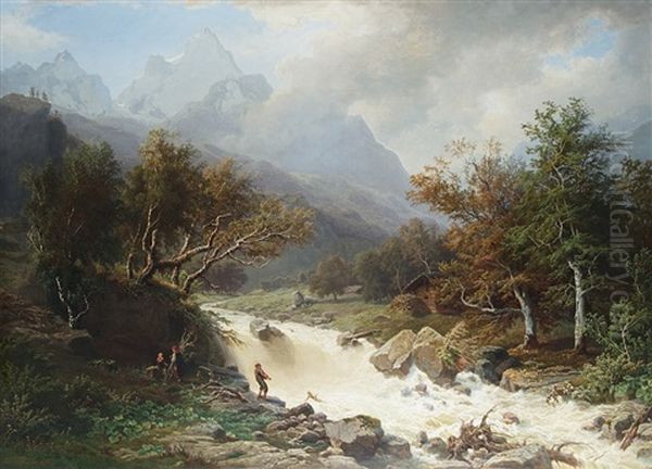 Fisherman At A Rushing Mountain Stream Oil Painting by Wilhelm Porttmann