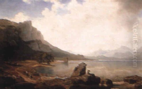 A Lakeside View Oil Painting by Wilhelm Porttmann