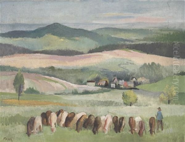 Landschaft Im Odenwald Mit Hirte Und Weidender Herde Oil Painting by Alexander Posch