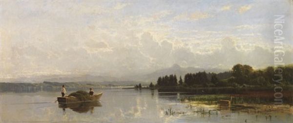 Heuboot Bei Der Uberfahrt (wohl Oberbayerischer See) Oil Painting by Richard Von Poschinger