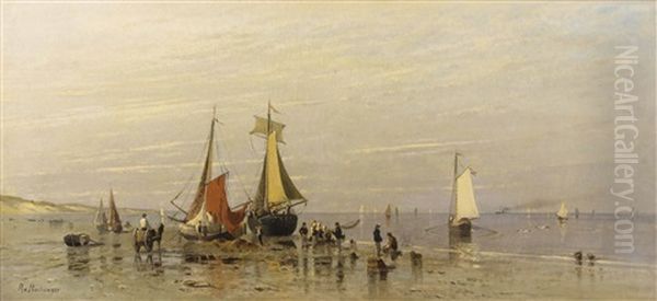 Kuste Bei Ebbe Mit Fischern, Kindern Und Segelbooten Oil Painting by Richard Von Poschinger