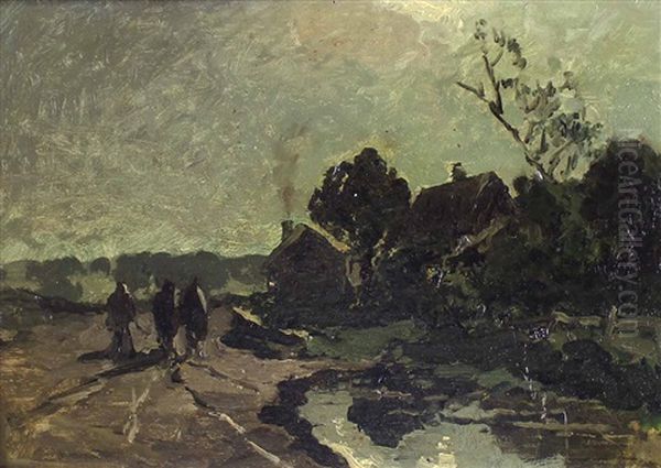 Landschaft Mit Hausern Und Drei Wanderern Auf Einem Feldweg Oil Painting by Richard Von Poschinger