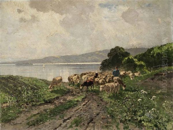 Schafer Mit Seiner Herde In Weiter Sommerlandschaft Vor Einem Seeufer (starnberger See?) Oil Painting by Richard Von Poschinger