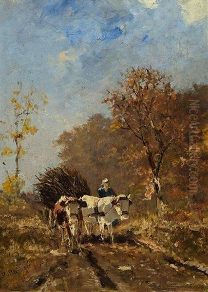 Bauer Mit Ochsenwagen In Herbstlicher Landschaft Oil Painting by Richard Von Poschinger