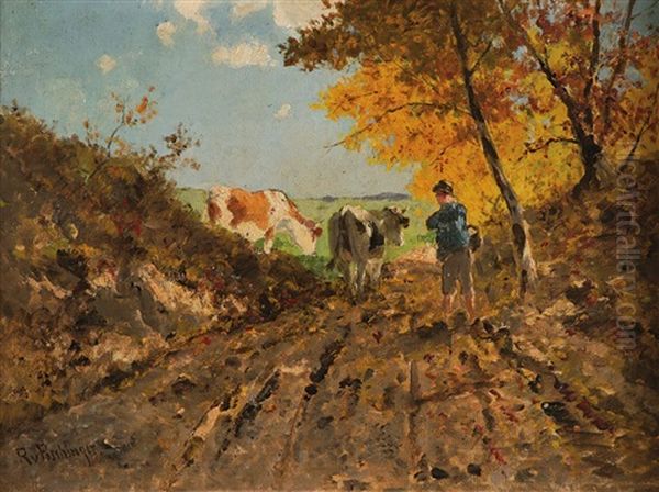 Hirte Mit Zwei Kuhen Am Waldrand In Sommerlicher Landschaft Oil Painting by Richard Von Poschinger