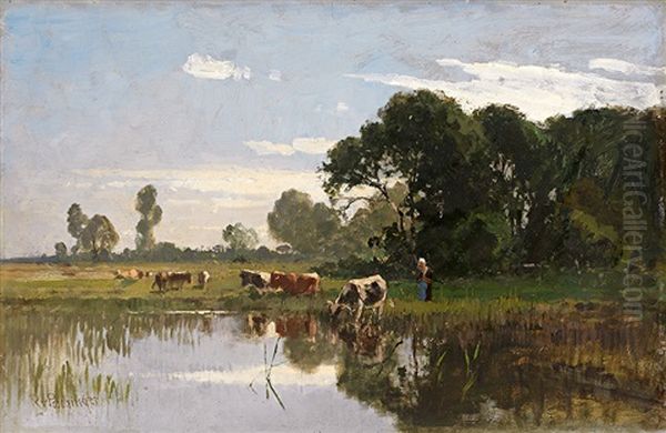 Viehherde An Der Tranke Oil Painting by Richard Von Poschinger