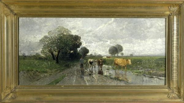 Auf Dem Heimweg - Hirte Mit Kuhen In Einer Dachauer Regenlandschaft Oil Painting by Richard Von Poschinger