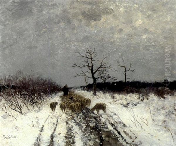 Schafer Mit Seiner Herde Im Winter Oil Painting by Richard Von Poschinger