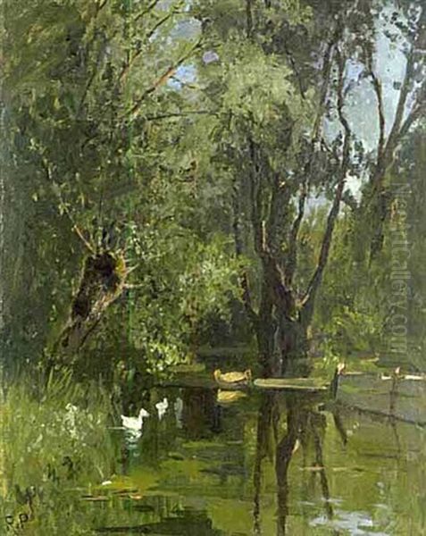 Waldteich Mit Weiden Links Im Vordergrund Ganschen Oil Painting by Richard Von Poschinger