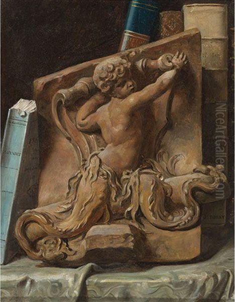 Trompe L'oeil Of A Bookshelf With A Terracotta Relief Oil Painting by Julien Leopold Boilly