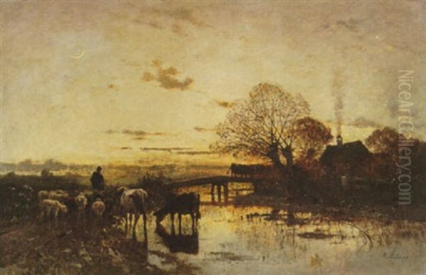 Shepherd With Sheep And Cattle At Dusk Oil Painting by Richard Von Poschinger