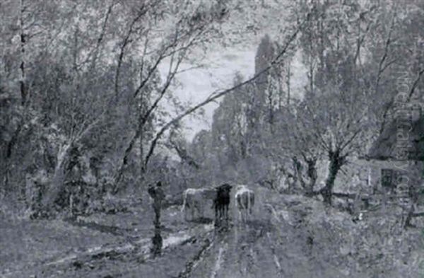 Farmer And Cows On Country Road Oil Painting by Richard Von Poschinger