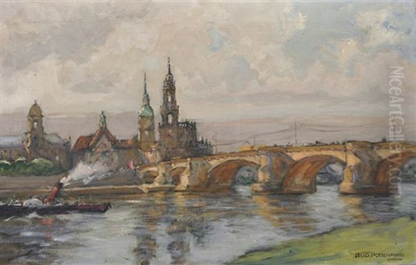 Dresden (blick Auf Die Hofkirche Mit Georgenbau Und Standehaus Vom Neustadter Elbufer Aus) Oil Painting by Rudolf Poeschmann