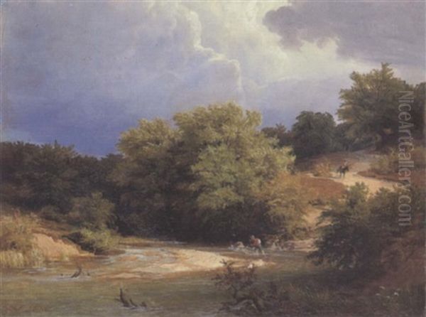 Reisender An Einer Furt Bei Aufziehendem Gewitter Oil Painting by Eduard Wilhelm Pose