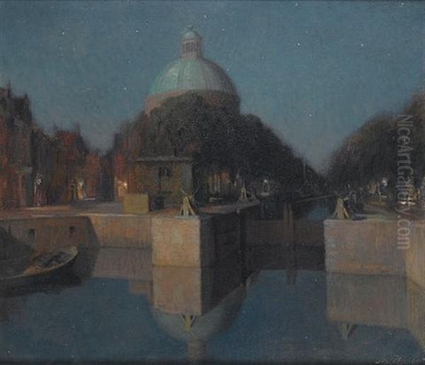 The Singel, Amsterdam Oil Painting by Josef Karel Frans Posenaer