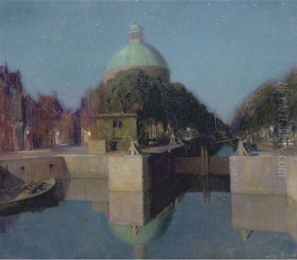 Nachtindruk Singel, Amsterdam: View Of An Amsterdam Canal Oil Painting by Josef Karel Frans Posenaer