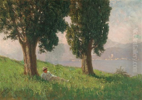 Zypressen Villa Julia. Liegender Knabe Mit Strohhut Im Schatten Einer Zypresse Am Comersee Oil Painting by Felix Possart