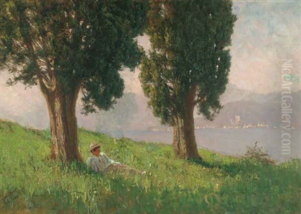 Zypressen Villa Julia. Liegender Knabe Mit Strohhut Im Schatten Einer Zypresse Am Comersee Oil Painting by Felix Possart