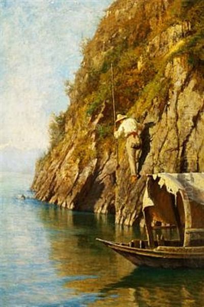 A Fisherman On A Steep Rock Looking For His Prey Oil Painting by Felix Possart