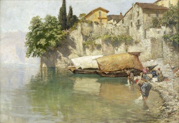 Wascherinnen Und Boote Am Ufer Des Gardasees Oil Painting by Felix Possart