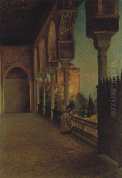 Galeria Del Alberca, Alhambra, Kvinna Pa Terrass Oil Painting by Felix Possart