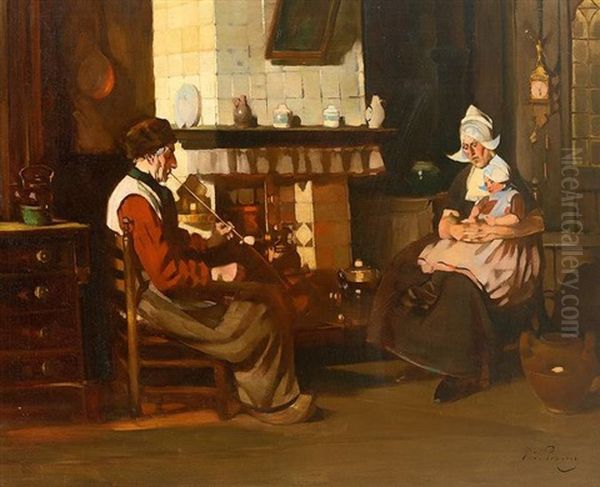 Interieur Einer Hollandischen Stube; Vor Dem Kamin Sitzendes Paar Mit Kleinkind Oil Painting by Rudolf Possin