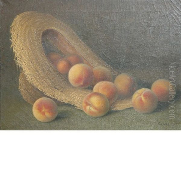 Peaches Spilling From A Straw Hat Oil Painting by Hugo A. Possner