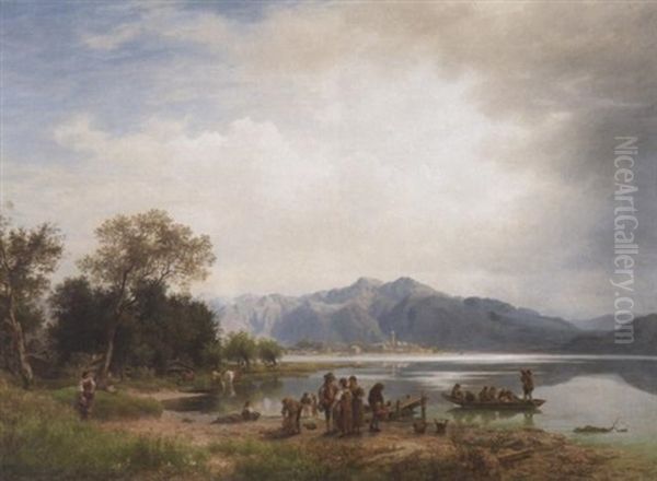 See Im Voralpenland. Bauern Am Fahrboot Oil Painting by Eduard Caspar Post