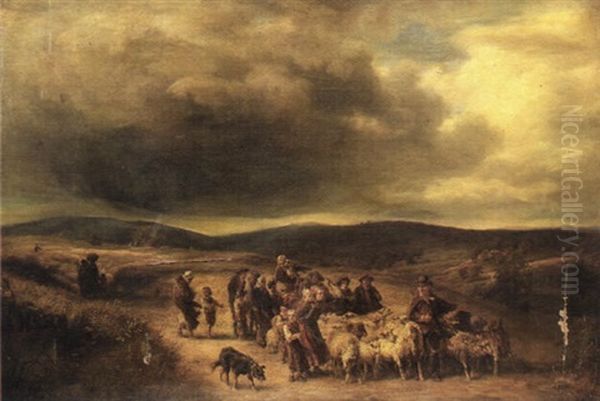 An Extensive Landscape With Numerous Figures And A Shepherd With His Flock In The Foreground Oil Painting by Eduard Caspar Post