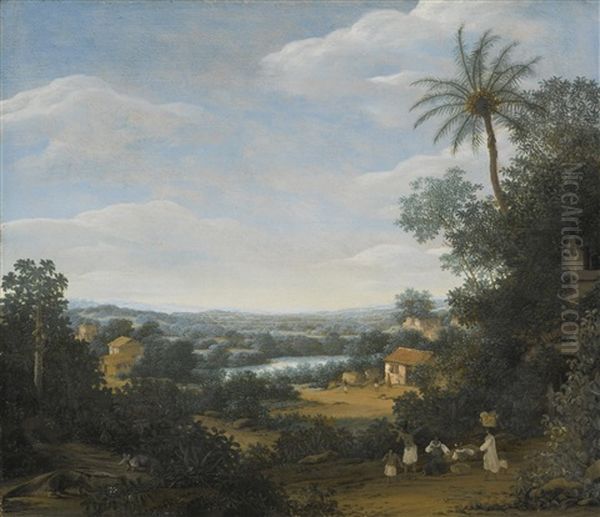 Brazilian Landscape With Laborers, An Armadillo And A Tamandua Oil Painting by Frans Jansz Post