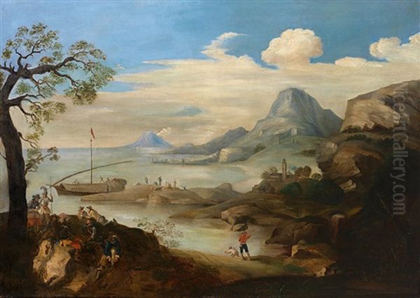 Sudamerikanische Uferlandschaft Mit Angelegtem Boot, Reicher Personenstaffage Und Weitem Blick Oil Painting by Frans Jansz Post