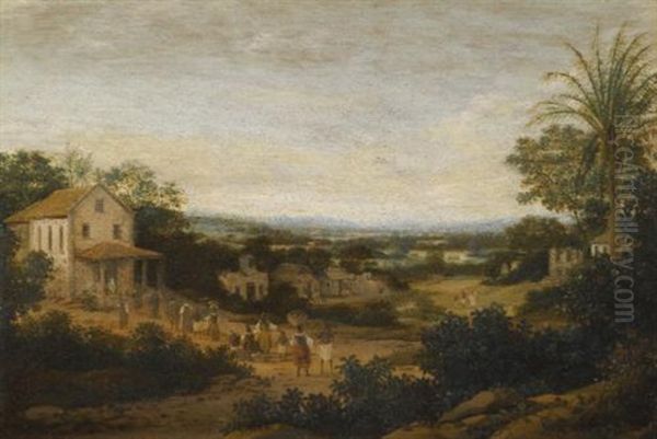 A Landscape In Brazil Looking Down On The Varzea, Europeans And Natives Approaching A Church In The Foreground Oil Painting by Frans Jansz Post