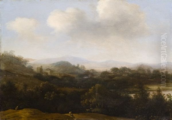 Paesaggio Boschivo Con Viandanti E Borgo In Lontananza Oil Painting by Frans Jansz Post