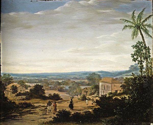 A Brazilian Landscape, With Natives And Slaves Near A Plantation House In A Village Oil Painting by Frans Jansz Post