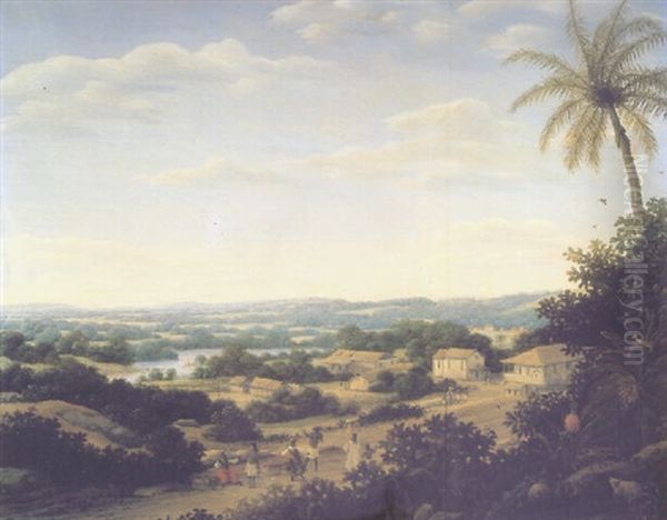 A Brazilian Landscape With Natives On A Road Approaching A Village Oil Painting by Frans Jansz Post