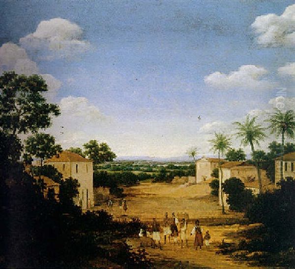 View Of A Group Of Buildings In Brazil With Townsfolk by Frans Jansz Post