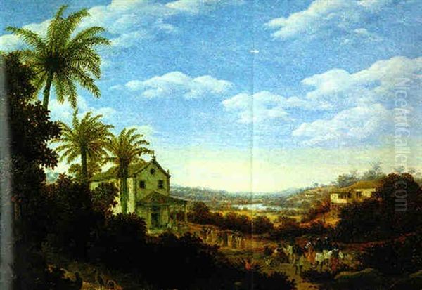 Brazilian Landscape With Dancing Natives And A Chapel With A Porch Oil Painting by Frans Jansz Post