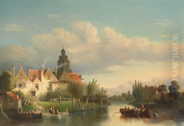 Abendliche Flusslandschaft Mit Ubersetzendem Boot Und Reizvoller Architekturansicht Mit Zahlreichen Figuren Oil Painting by Gerardus Post