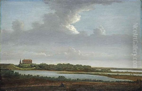 A Panoramic River Landscape With A Figure Resting, A Monumental Building And A Church Tower Beyond Oil Painting by Pieter Jansz Post