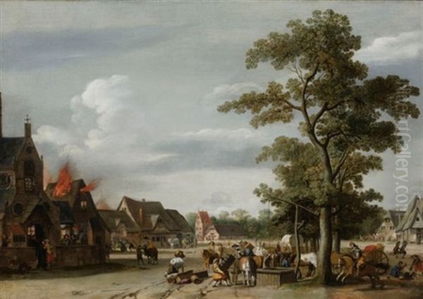 Soldiers Plundering A Village With Horse-drawn Wagons Near A Draw-well In The Forground And Houses Burning On The Left Oil Painting by Pieter Jansz Post