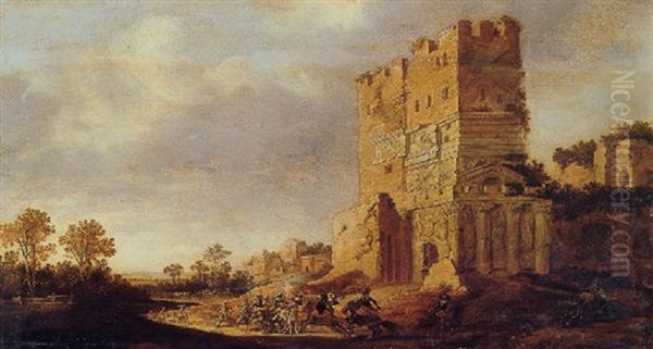 A Cavalry Skirmish By A Capriccio Of Roman Ruins Oil Painting by Pieter Jansz Post