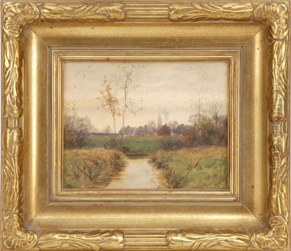 Autumnal Village Landscape Oil Painting by William Merritt Post